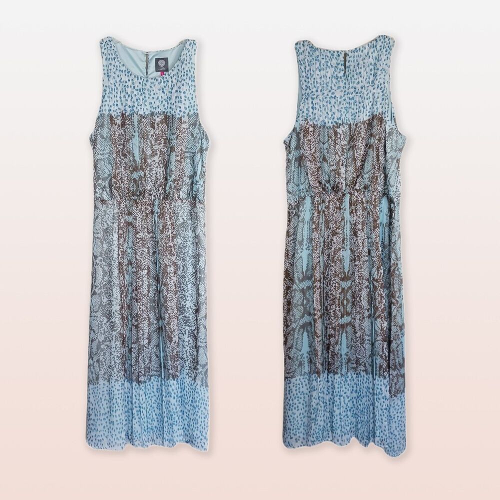 Vince Camuto Sleeveless Lined Midi Dress, Blue & Brown Abstract Print Size 12